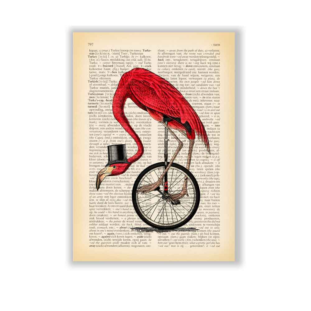 Unique vintage-inspired book page poster with surreal flamingo design