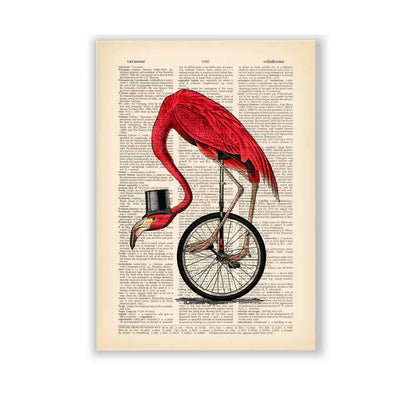 Whimsical wall art featuring a red flamingo with a top hat