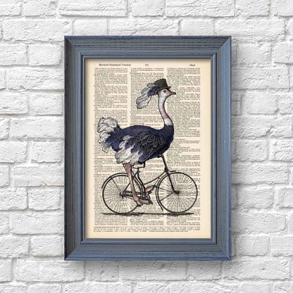 Framed Artistic print of an ostrich and bicycle with humorous elements