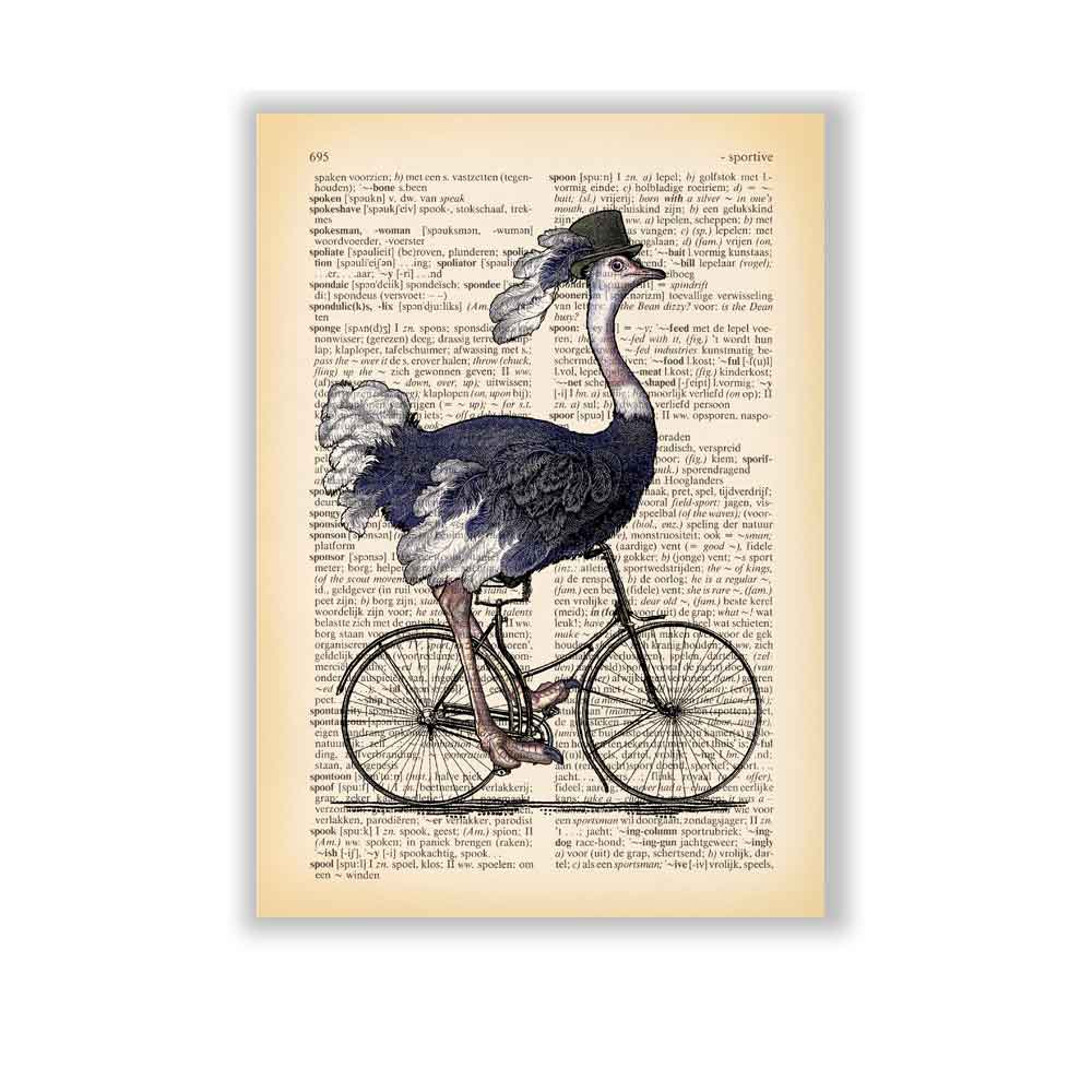 Whimsical wall art featuring an ostrich in a hat riding a bicycle