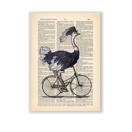 Surreal ostrich on bicycle art print on vintage book page