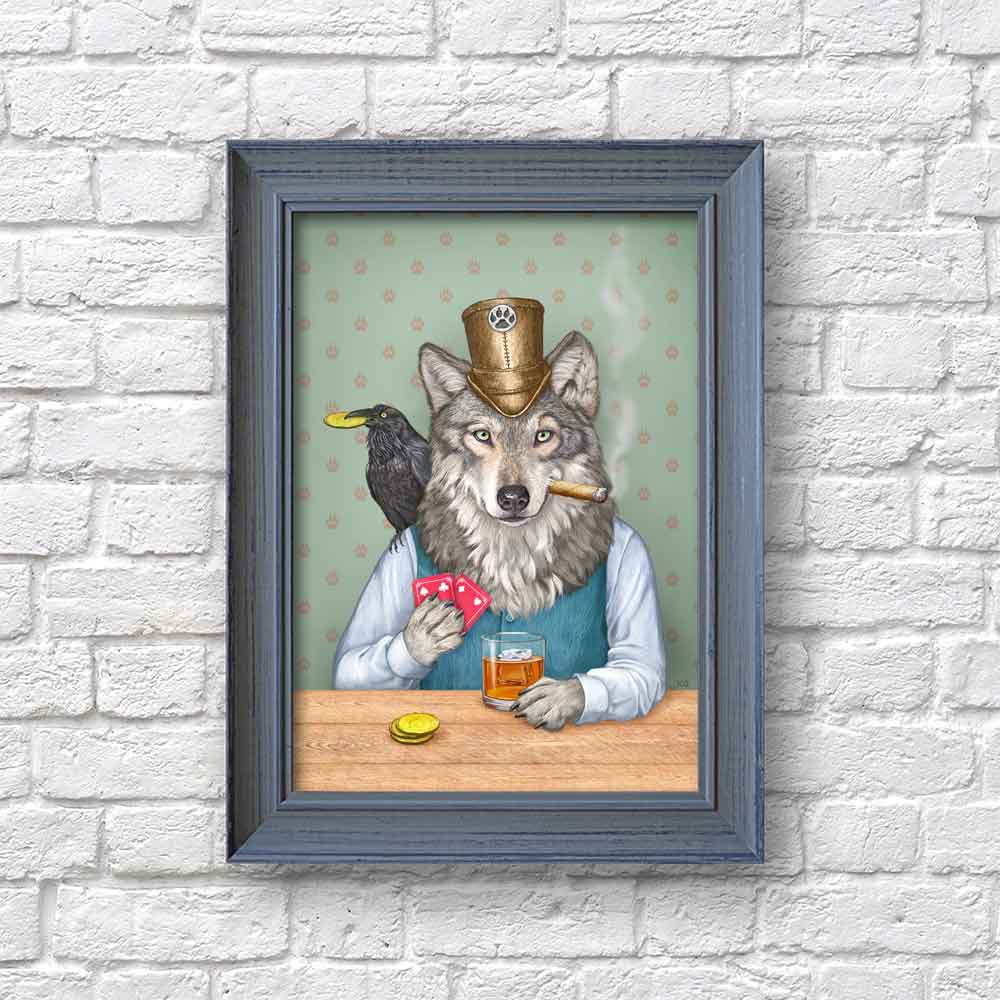 Wolf and Raven Play Card Game Art Print framed S&G Studio