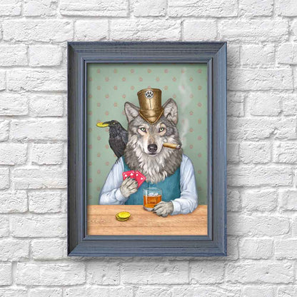 Wolf and Raven Play Card Game Art Print framed S&G Studio